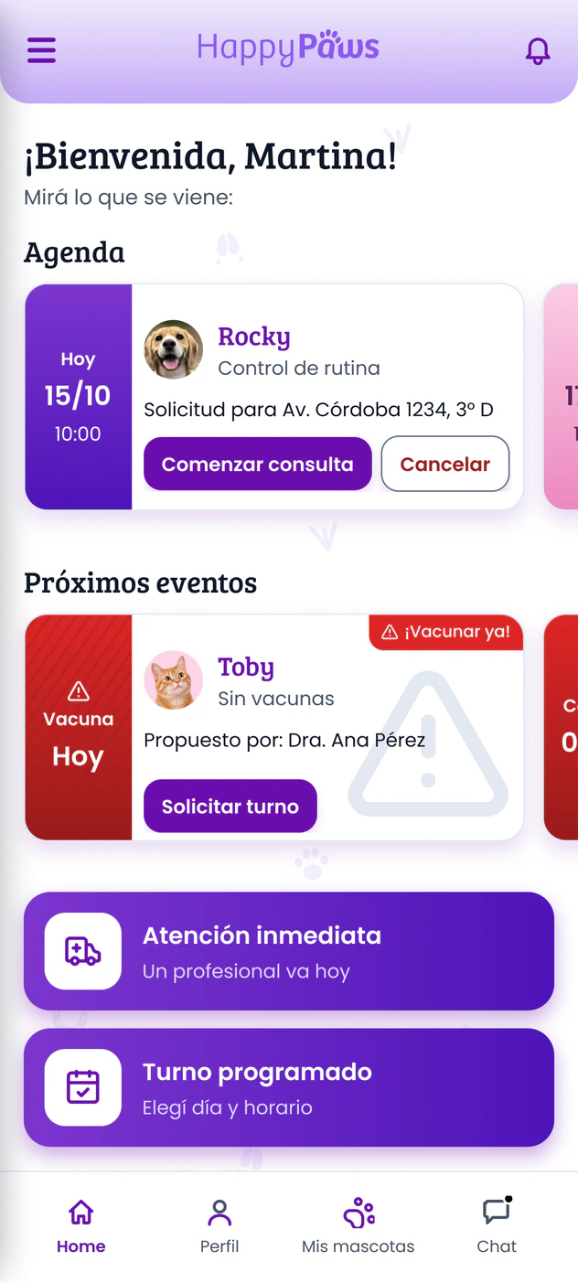 Inicio de la app HappyPaws: agenda, próximos eventos y los botones de atención inmediata y turno programado