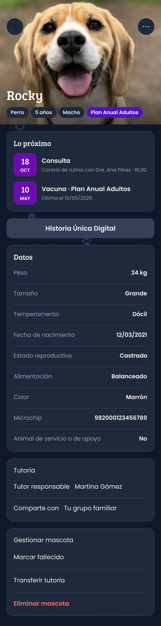 Ficha de la mascota en la app: lo próximo, Historia Única Digital y datos