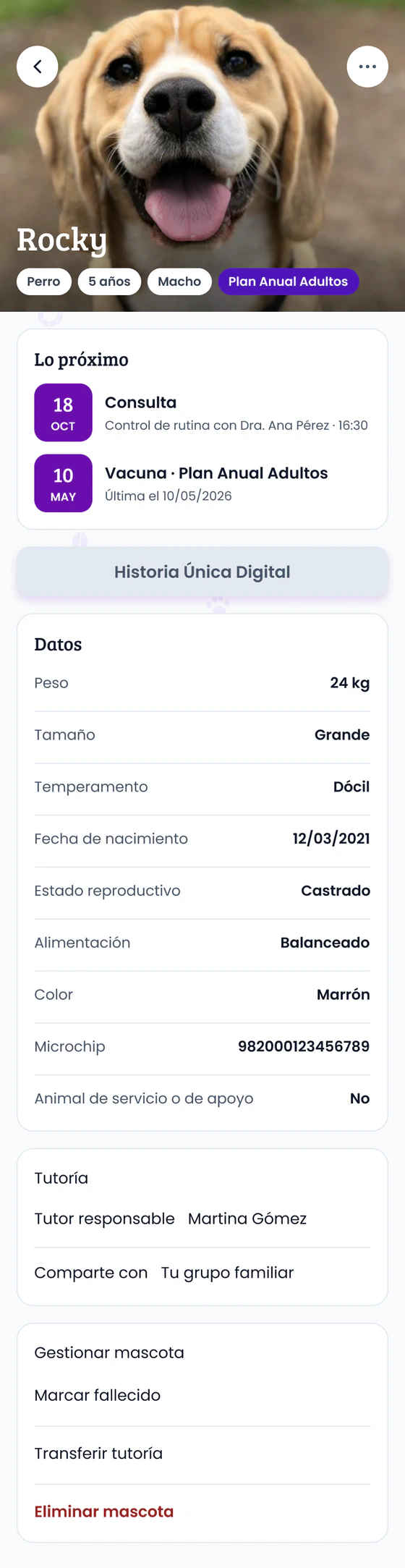 Ficha de la mascota en la app: lo próximo, Historia Única Digital y datos