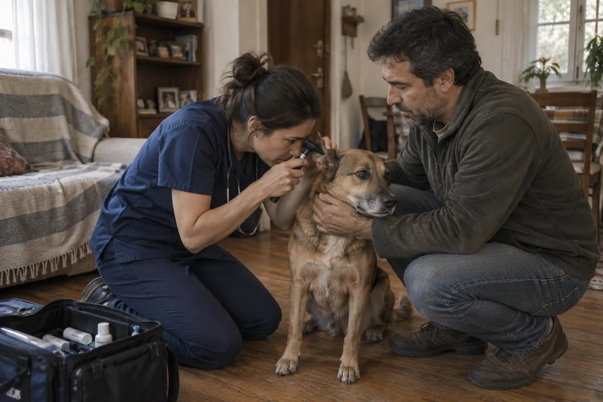 Veterinaria revisando a un perro en el living de su casa