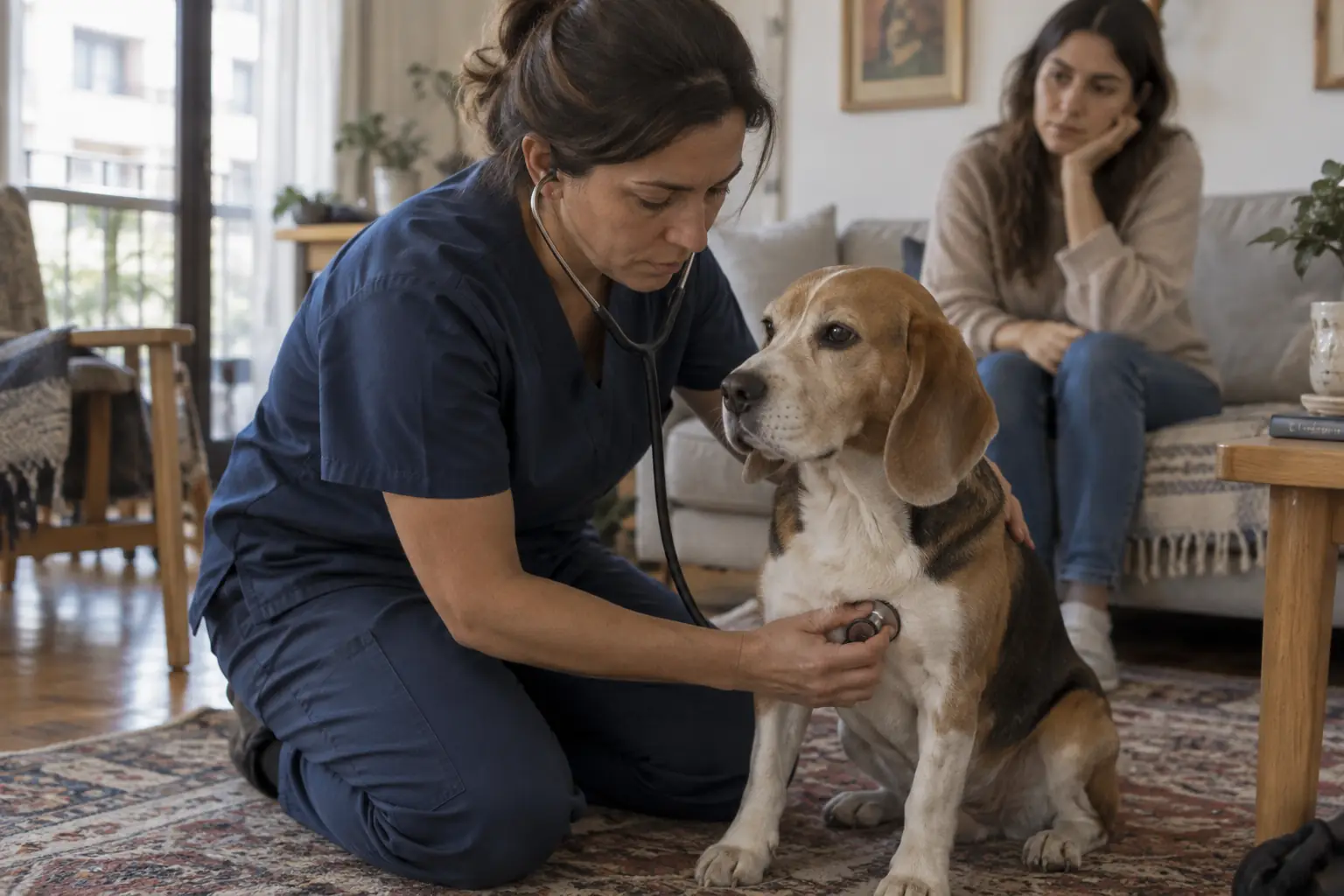 Veterinaria atendiendo a un perro en su casa