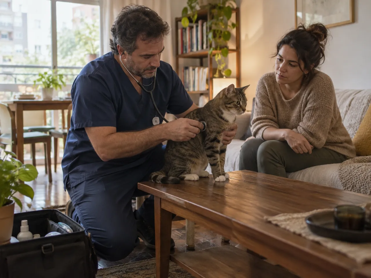 Veterinario revisando un gato en el living, junto a su tutora